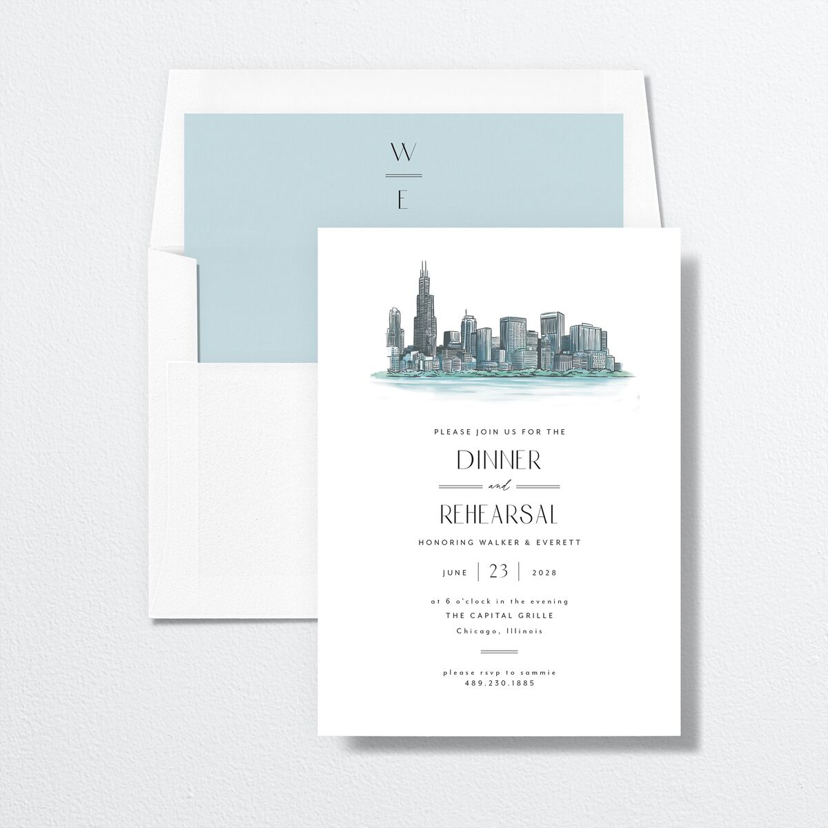 Watercolor Chicago Rehearsal Dinner Invitations Regency Blue Signature