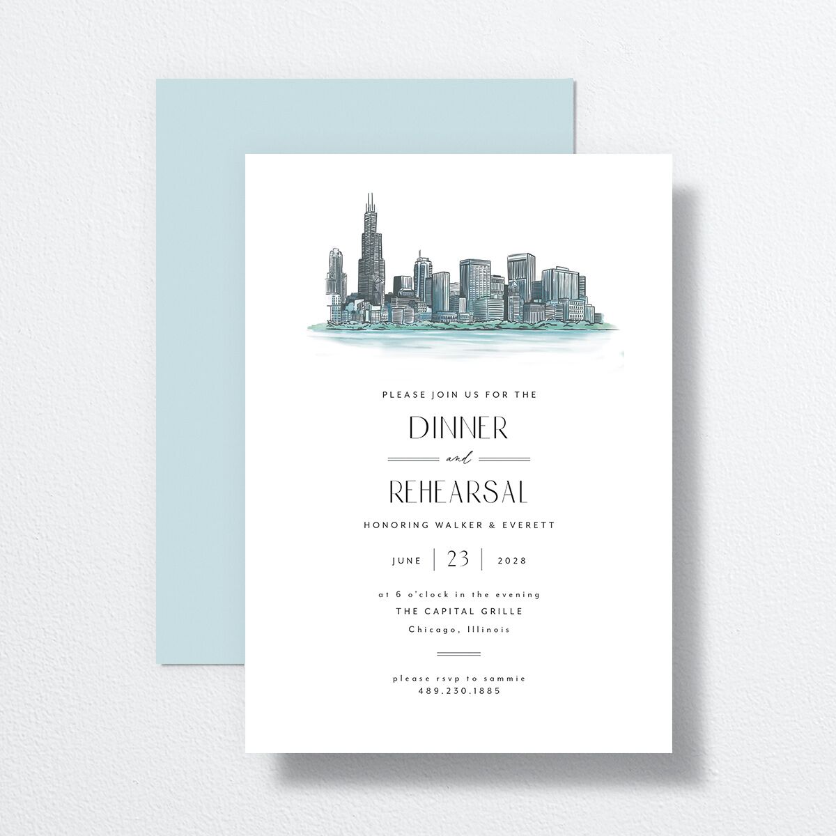 Watercolor Chicago Rehearsal Dinner Invitations Regency Blue Signature