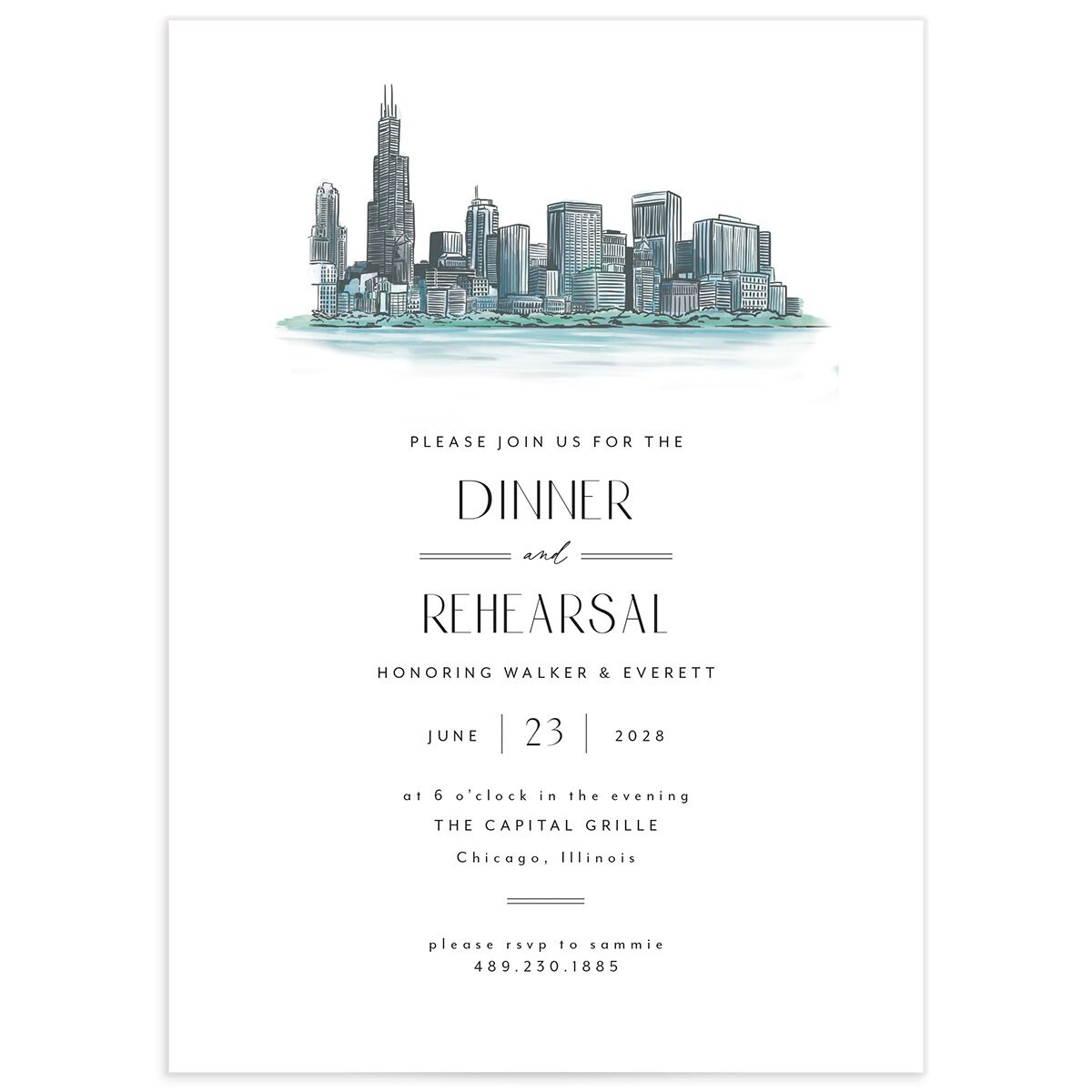 Watercolor Chicago Rehearsal Dinner Invitations