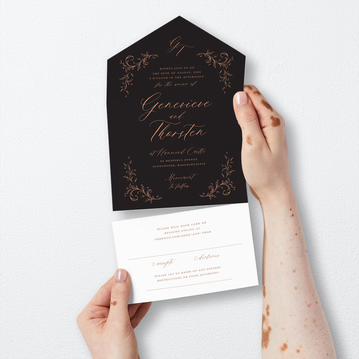 Dark Vintage Fantasy All-in-One Wedding Invitations Midnight Signature Light Both Recipient and Return Addresses No