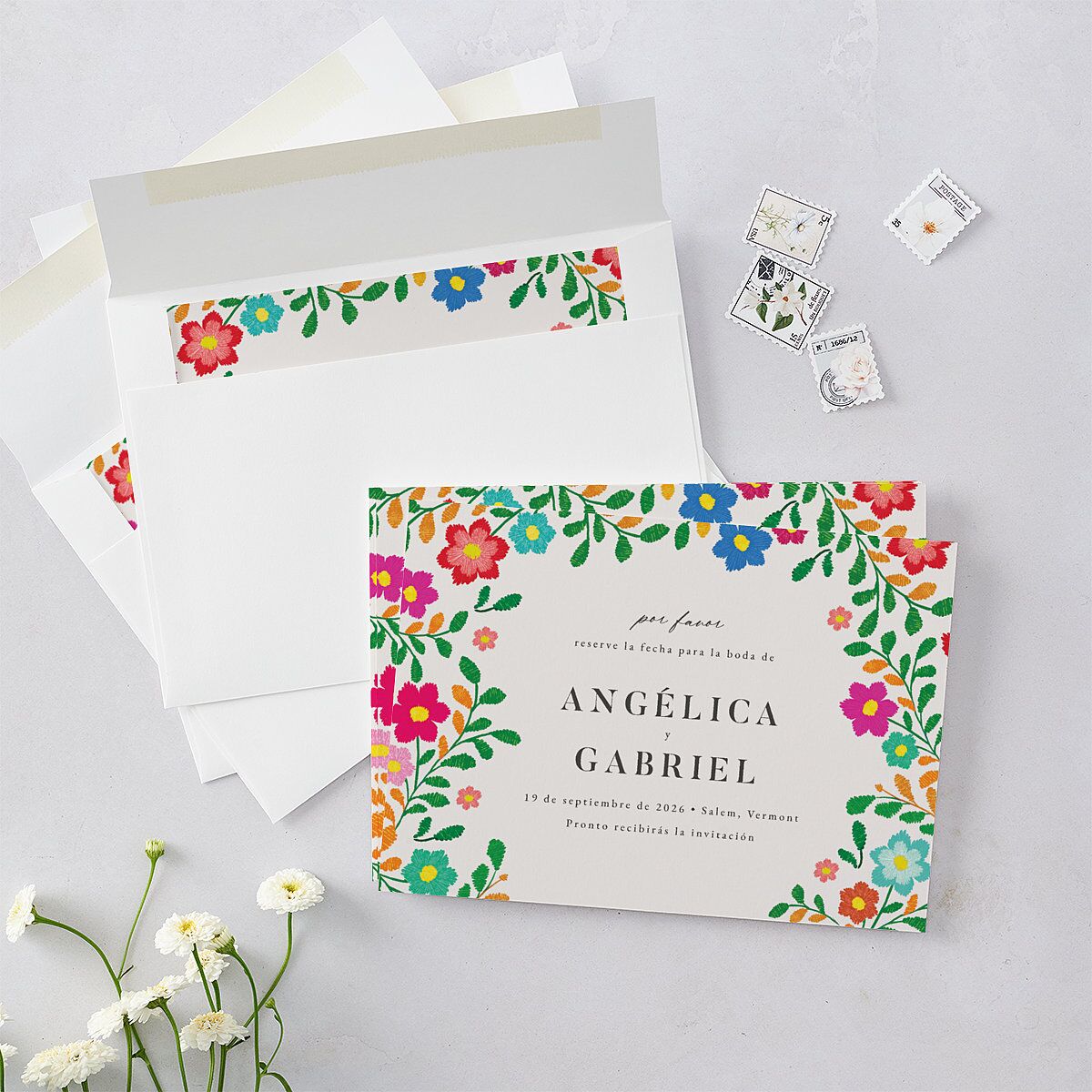 Bordados Florales Save The Date Cards Off-White Signature smooth Blank No Standard
