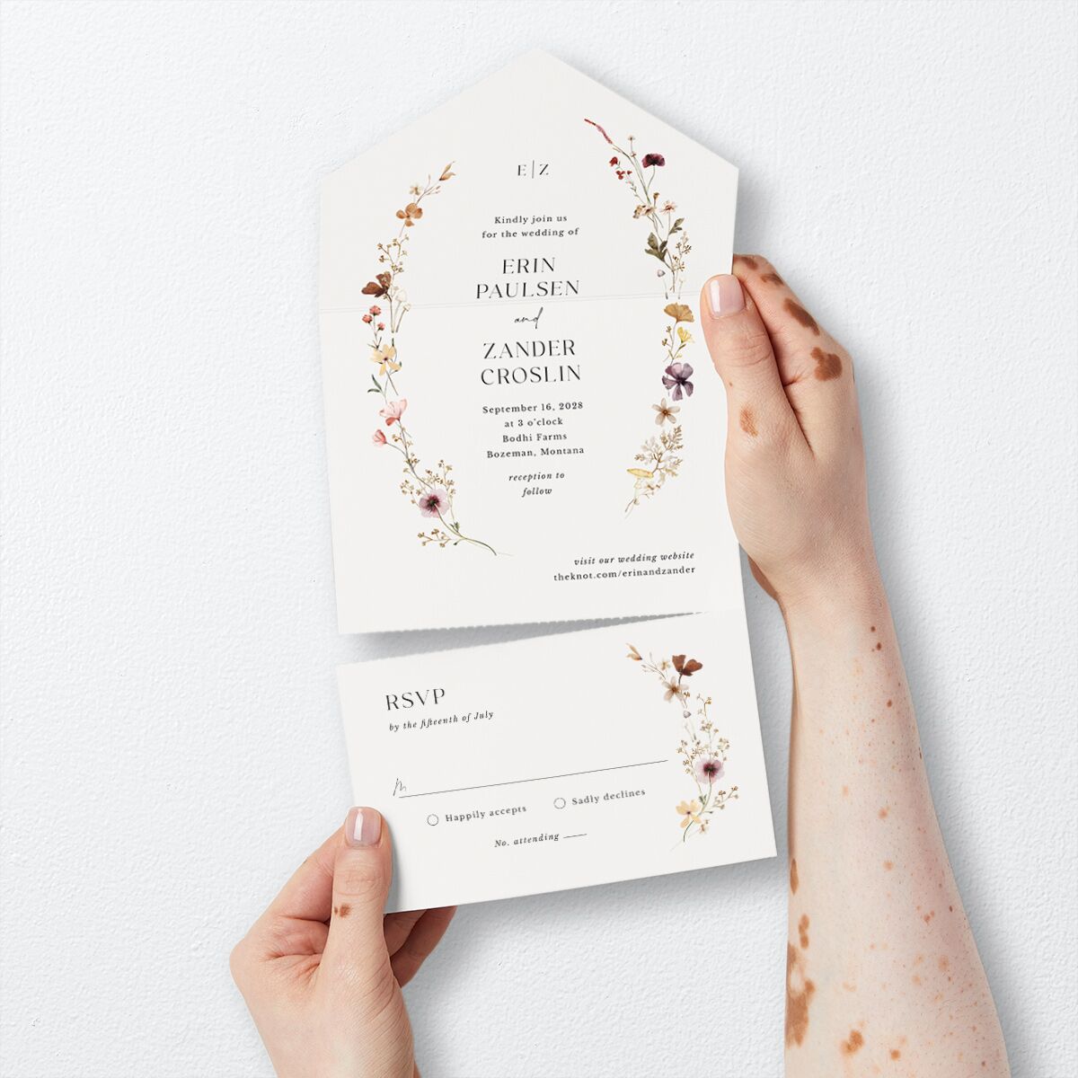 Simple Bohemian Wildflowers All-in-One Wedding Invitations Cotton No Signature Light Both Recipient and Return Addresses