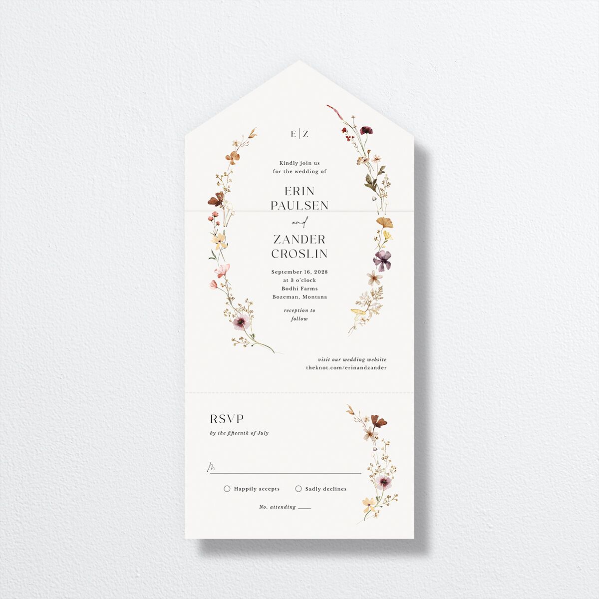 Simple Bohemian Wildflowers All-in-One Wedding Invitations Cotton No Signature Light Both Recipient and Return Addresses