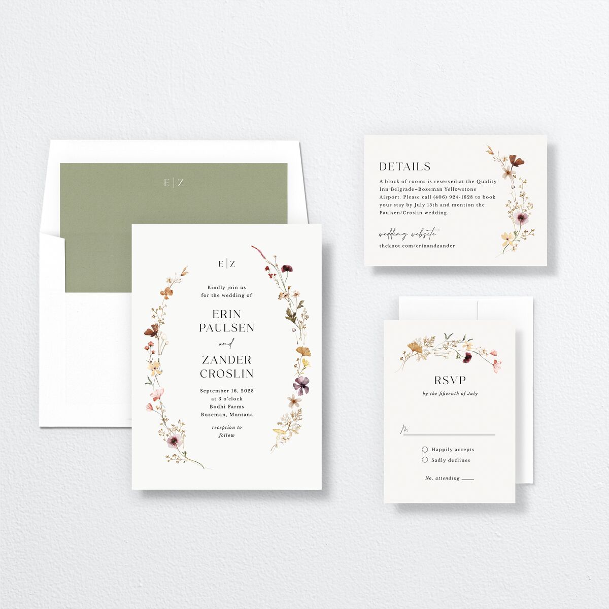Simple Bohemian Wildflowers Wedding Invitations Cotton No Signature