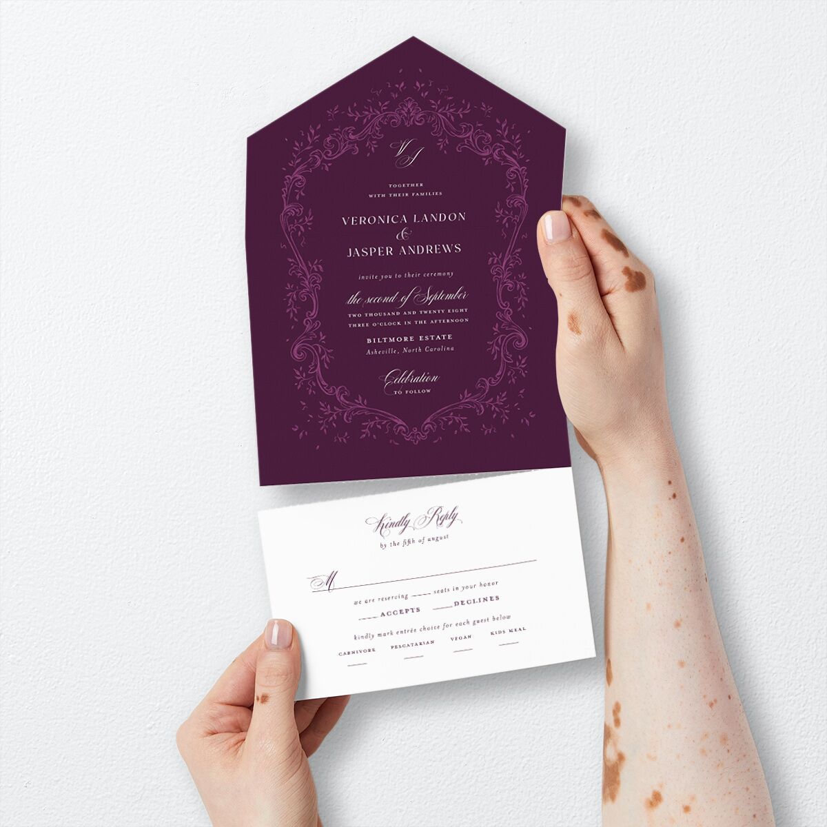 Formal Opulent Frame All-in-One Wedding Invitations Bordeaux No Signature Light Both Recipient and Return Addresses