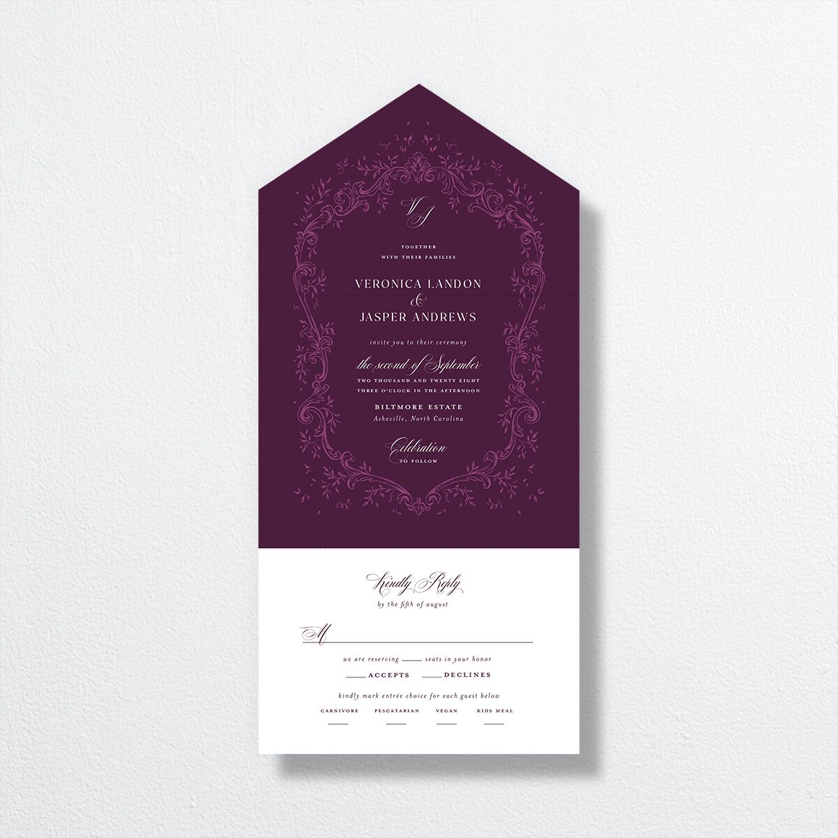 Formal Opulent Frame All-in-One Wedding Invitations Bordeaux No Signature Light Both Recipient and Return Addresses