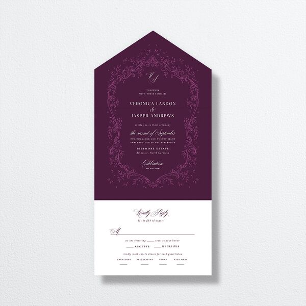 Formal Opulent Frame All-in-One Wedding Invitations Bordeaux No Signature Light Both Recipient and Return Addresses