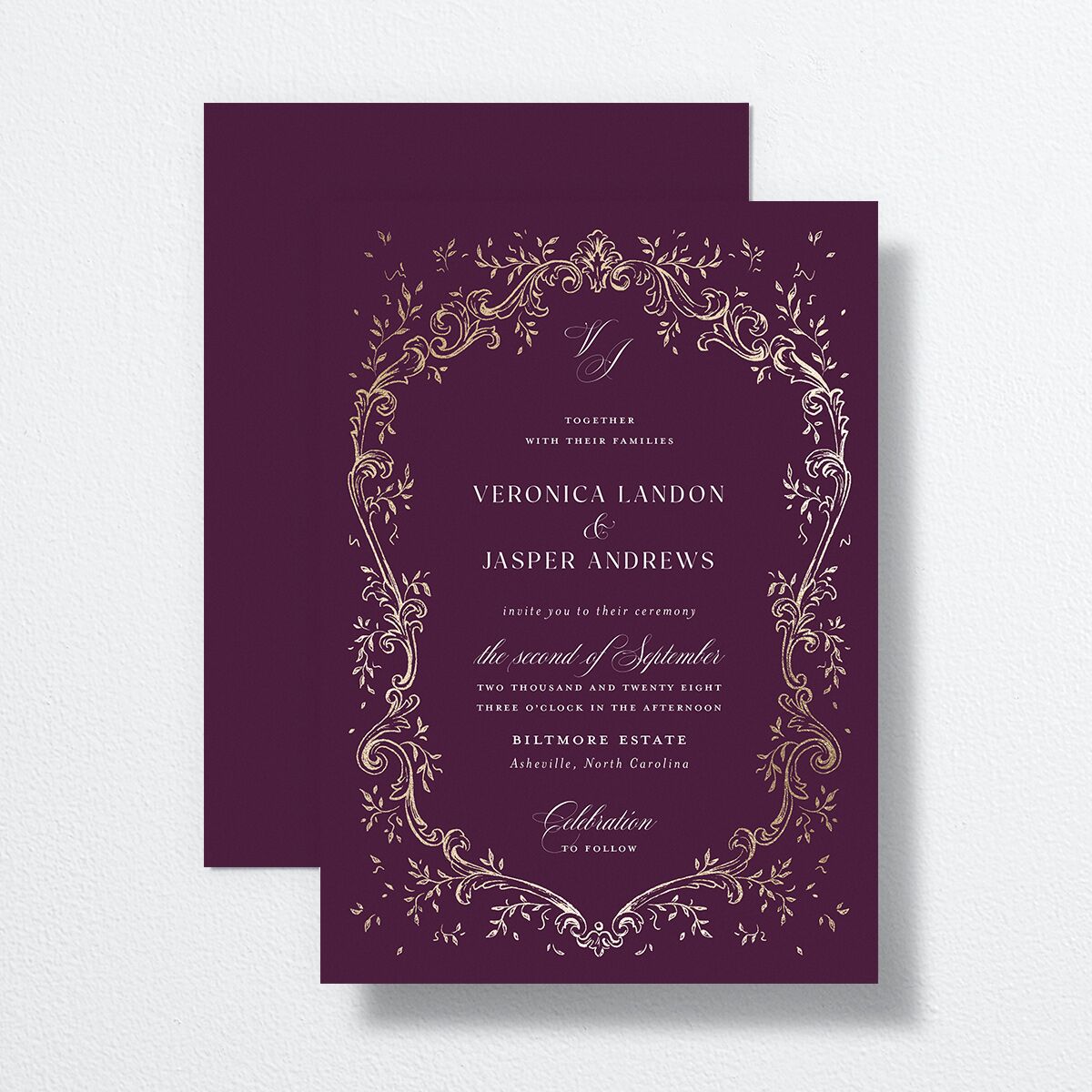 Formal Opulent Frame Wedding Invitations Bordeaux Gold No Signature