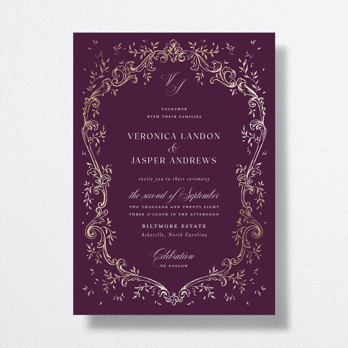 Formal Opulent Frame Wedding Invitations Bordeaux Gold No Signature