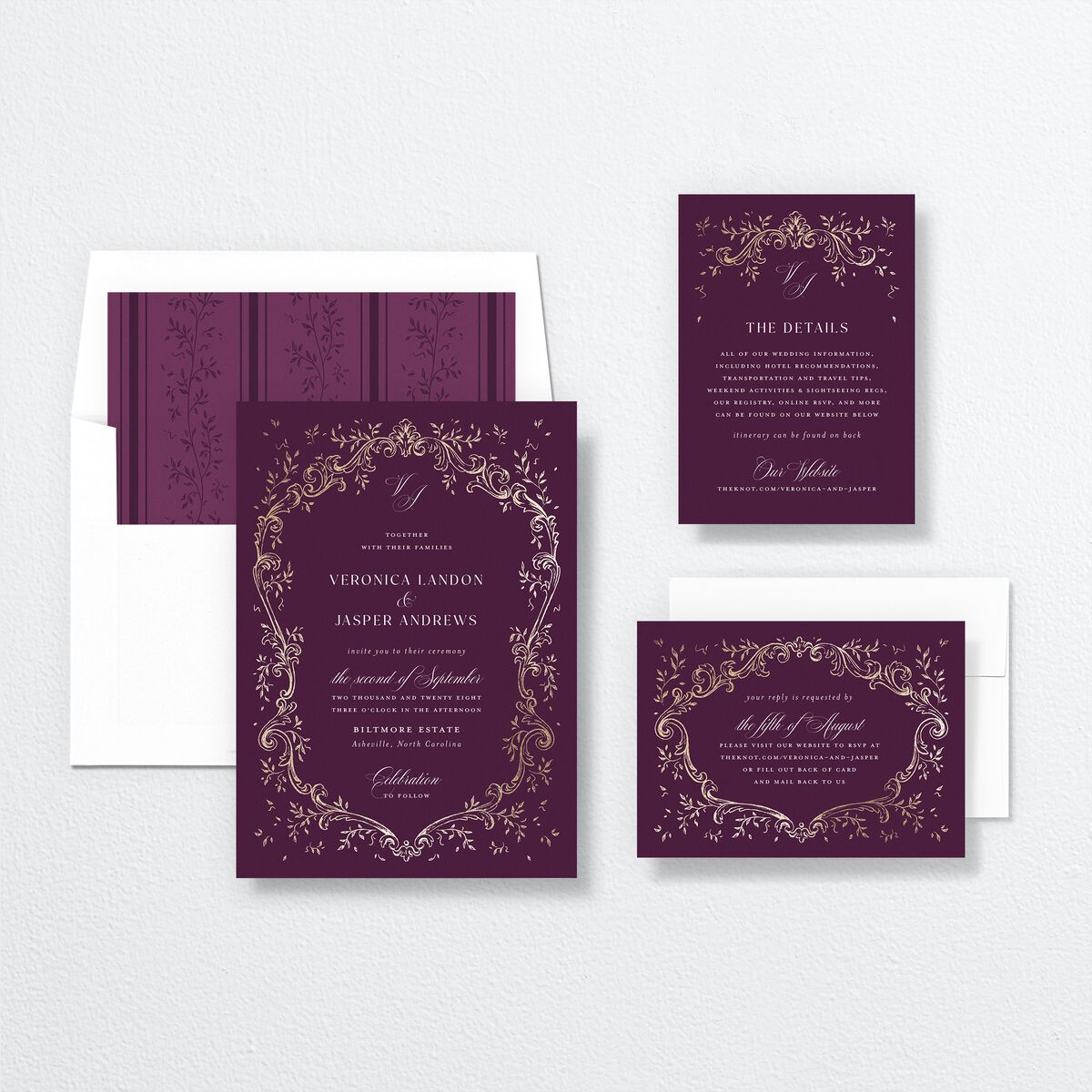 Formal Opulent Frame Wedding Invitations Bordeaux Gold No Signature