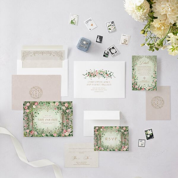 Fairytale Garden Save the Date Cards Sage Signature smooth Blank No Standard