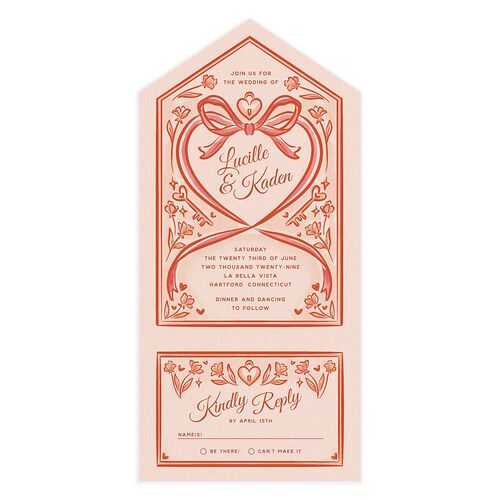 Vintage Heart Locket All-in-One Wedding Invitations Soft Peach Signature Light Both Recipient and Return Addresses No