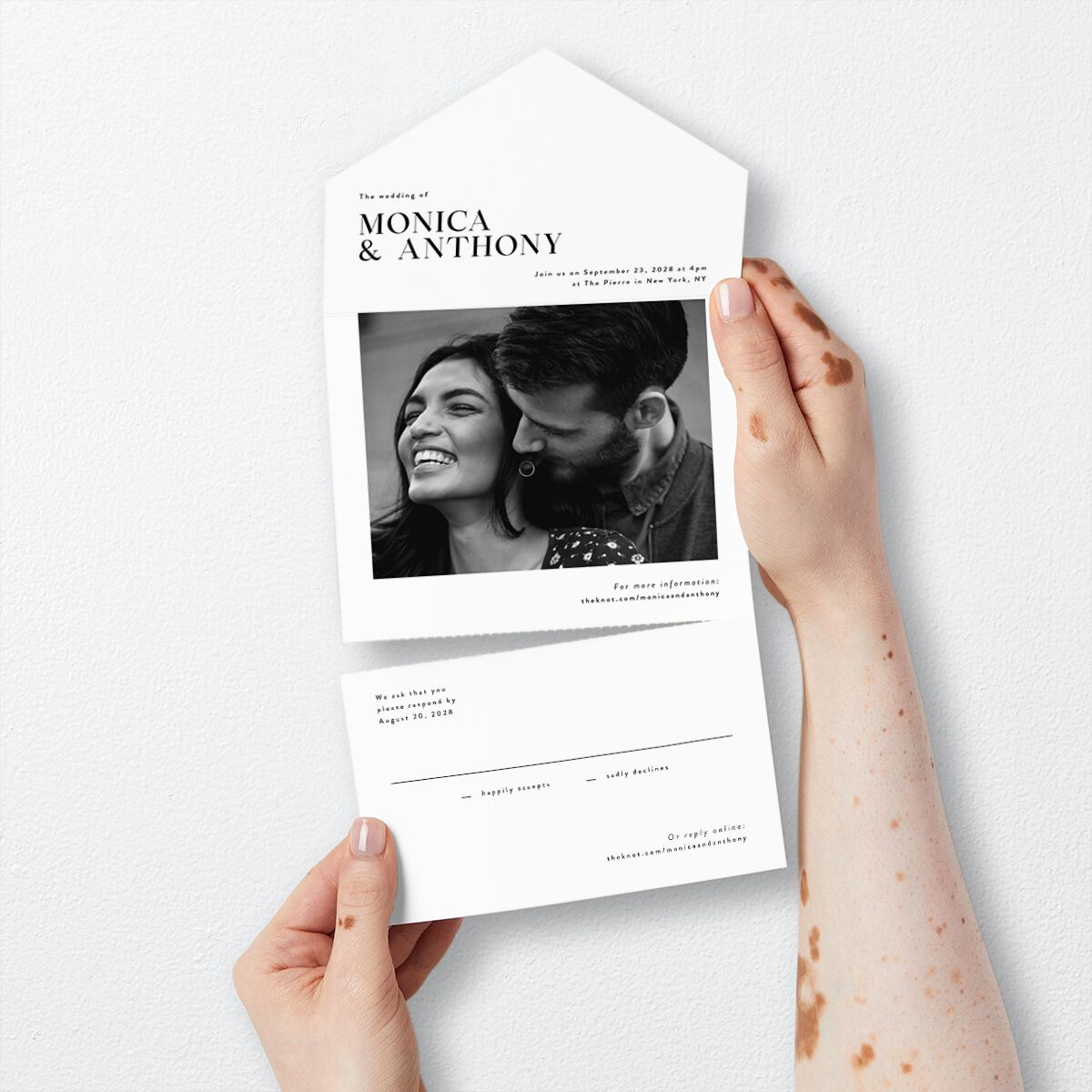 Simple Editorial Photo All-in-One Wedding Invitations Pure White Signature Light Both Recipient and Return Addresses No
