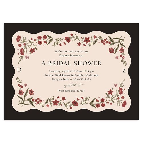 Flora Garden Border Bridal Shower Invitations Licorice Signature Blank Standard