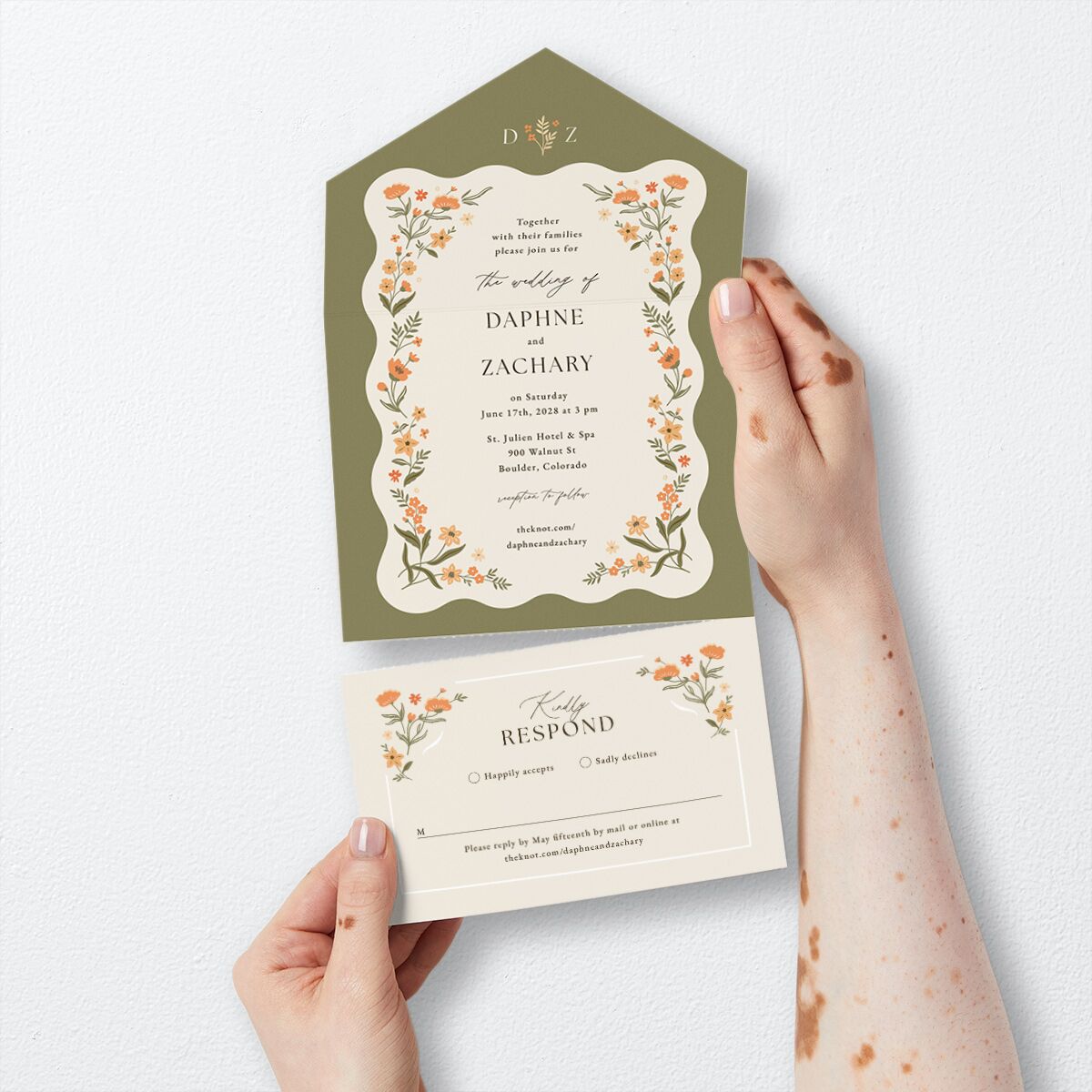 Flora Garden Border All-in-One Wedding Invitations Olive Signature Light Both Recipient and Return Addresses No