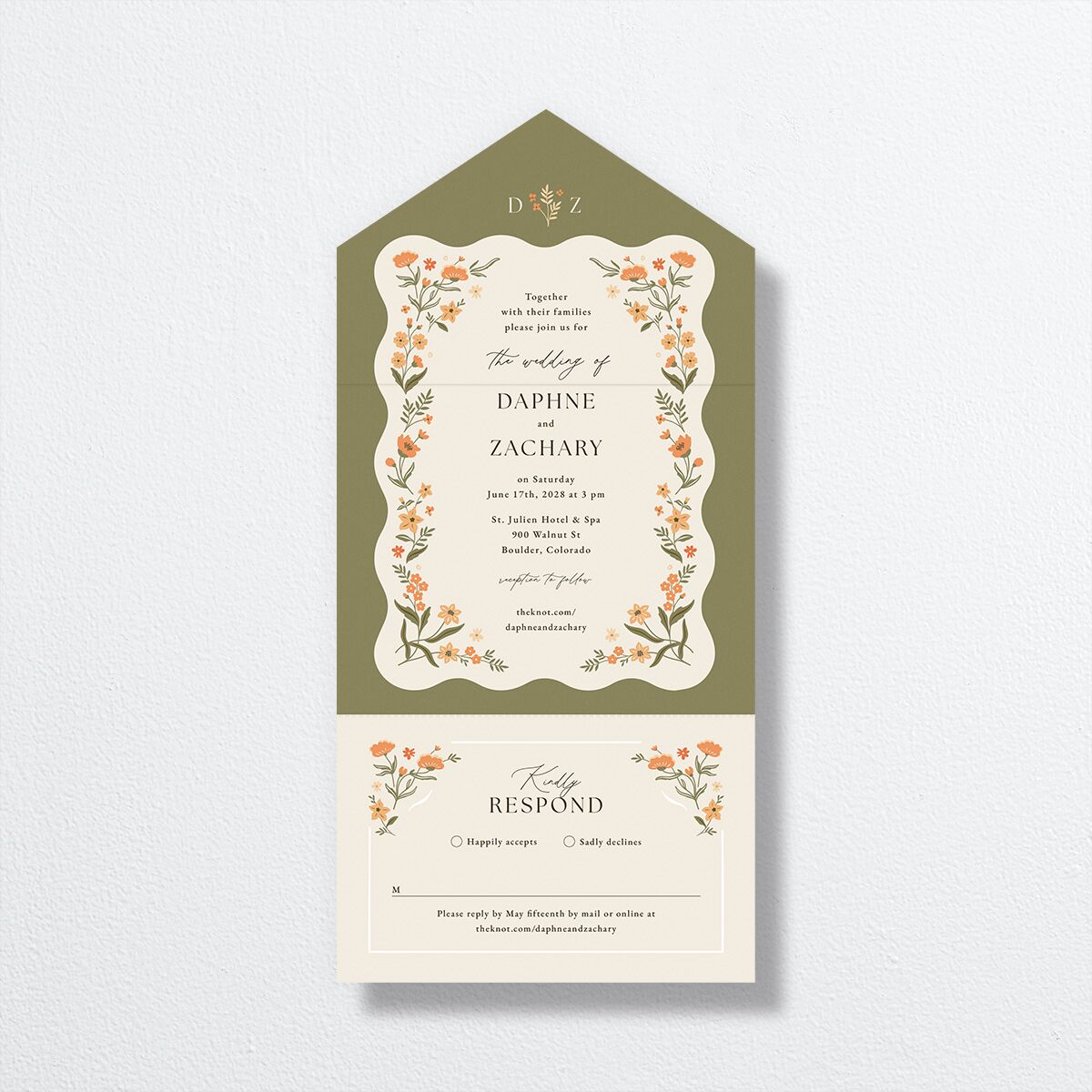Flora Garden Border All-in-One Wedding Invitations Olive Signature Light Both Recipient and Return Addresses No