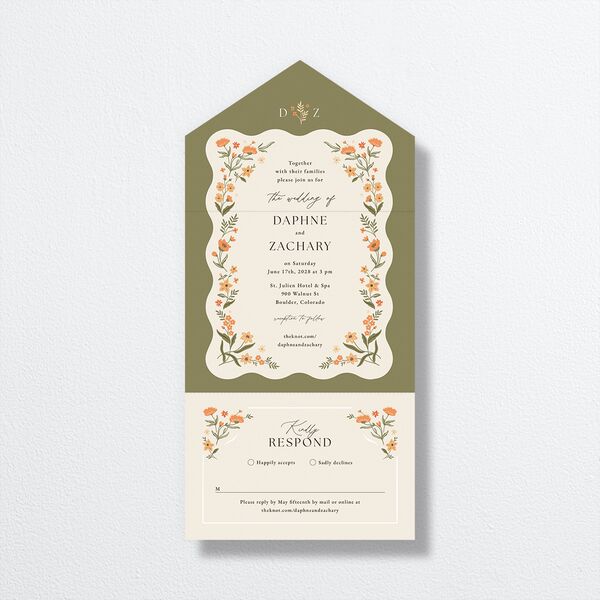 Flora Garden Border All-in-One Wedding Invitations Olive Signature Light Both Recipient and Return Addresses No