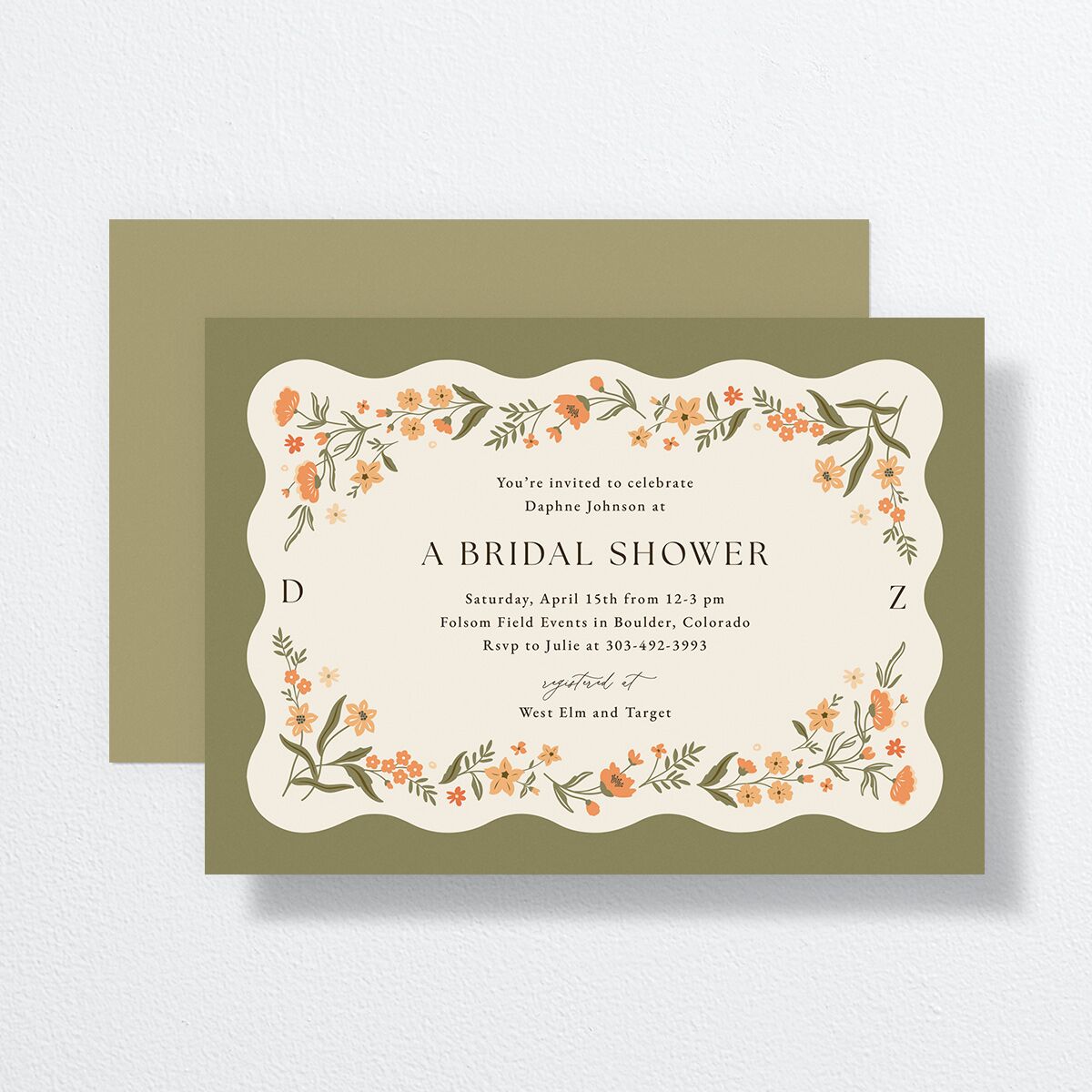 Flora Garden Border Bridal Shower Invitations Olive Signature