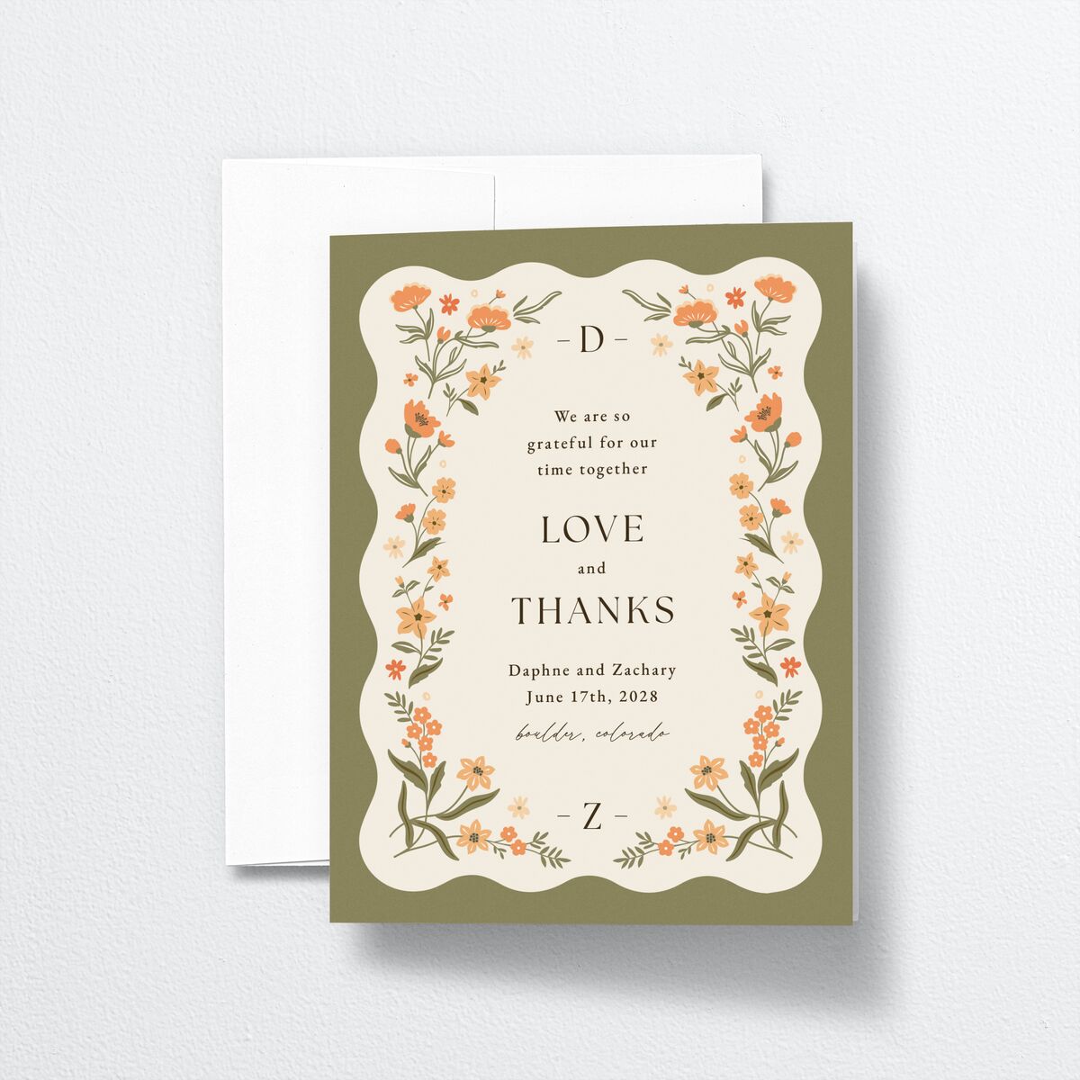 Flora Garden Border Thank You Cards Olive