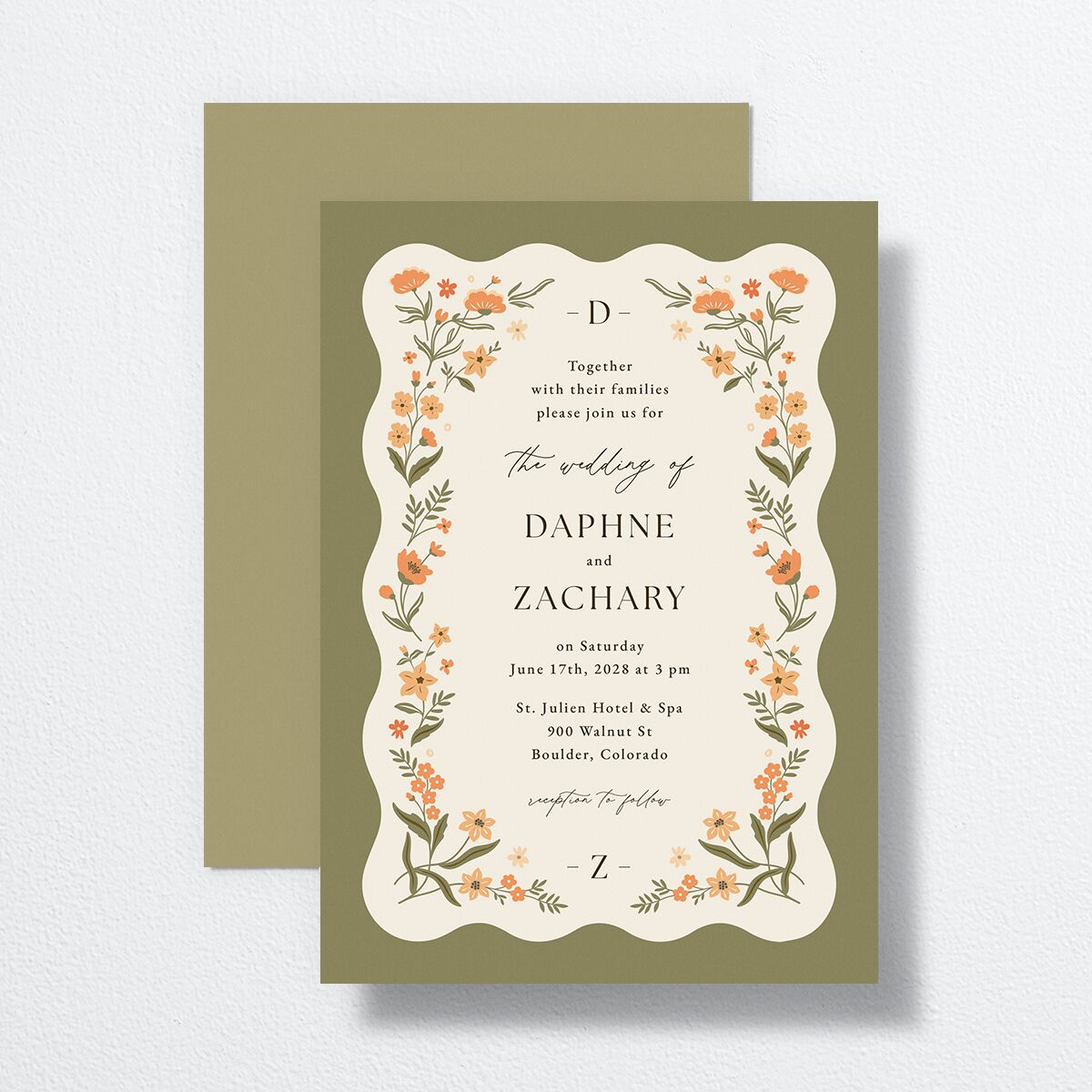 Flora Garden Border Wedding Invitations Olive Signature No