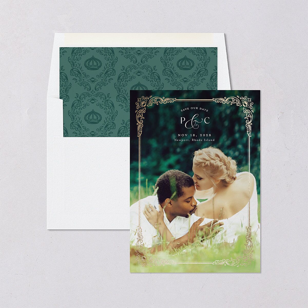 Glamorous Crown Monogram Crest Save the Date Cards by Bridgerton — view 4
