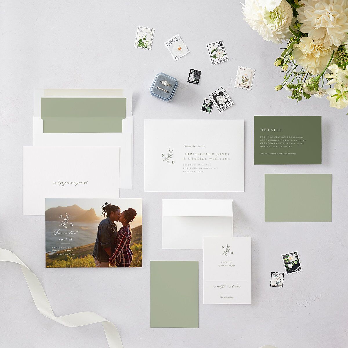 Botanical Monogram Save The Date Cards Dark Camo Signature smooth Blank No Standard