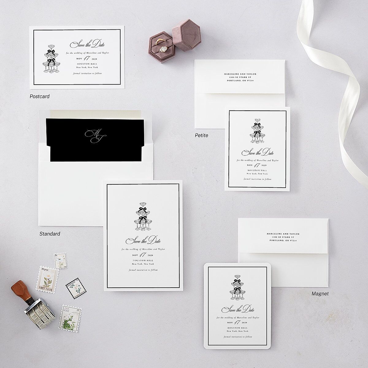 Classic Champagne with Bows Save the Date Postcards Pure White