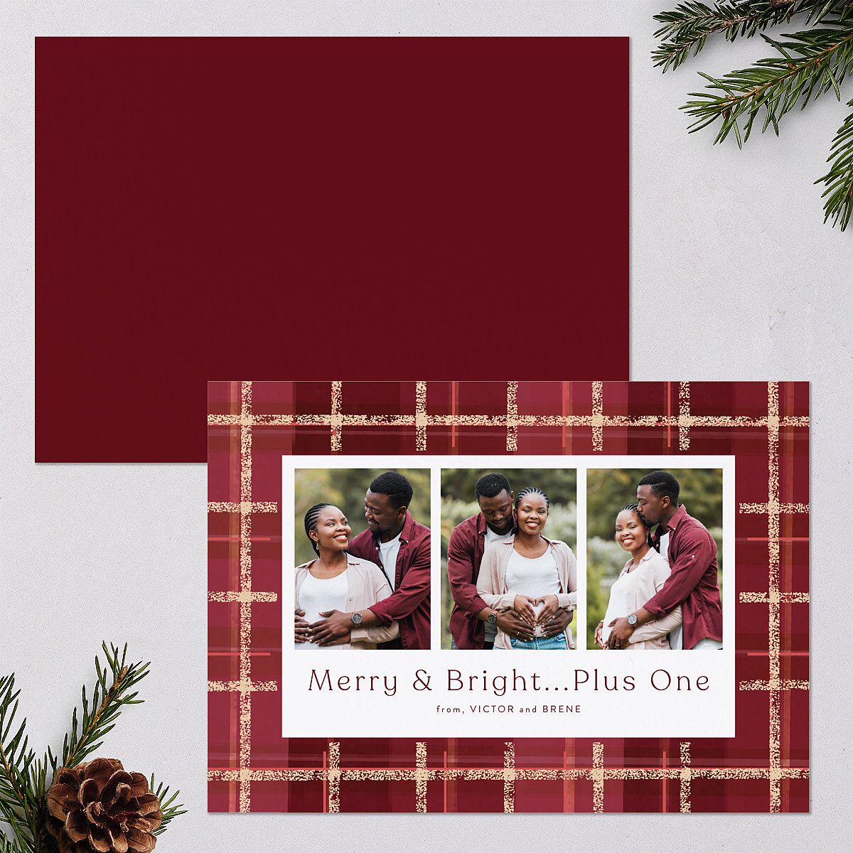 Merry and Bright Plus One Plaid Pattern Holiday Cards Burgundy Signature Blank Standard Portrait