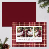Merry and Bright Plus One Plaid Pattern Holiday Cards Burgundy Signature Blank Standard Portrait