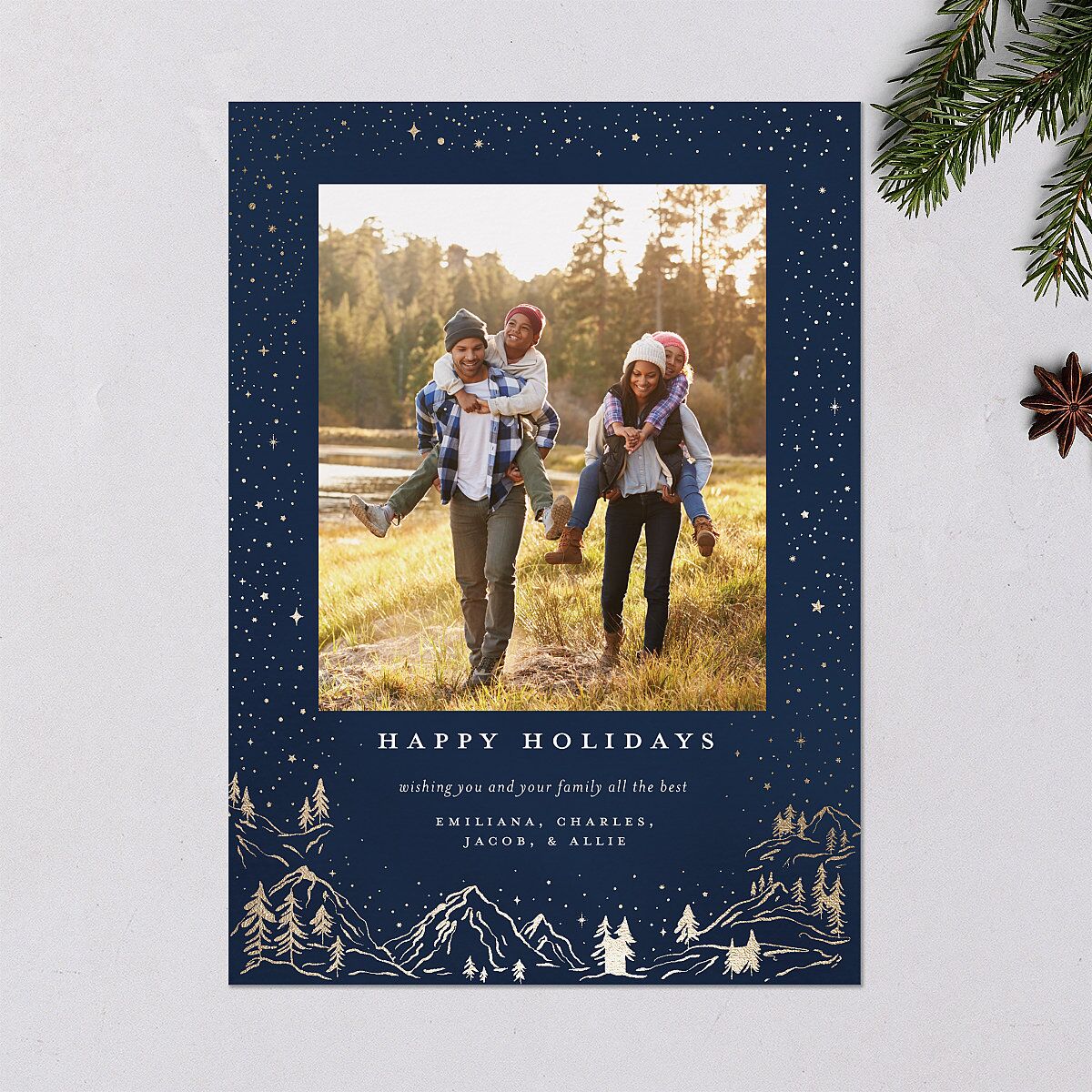 Mountain Retreat Holiday Cards Gold Navy Signature Blank Standard Portrait