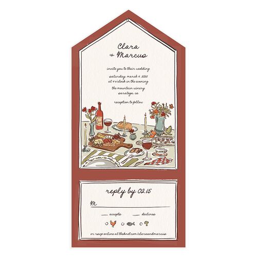 Hand Drawn Tablescape All-in-One Wedding Invitations Jewel Red Signature Light Both Recipient and Return Addresses No