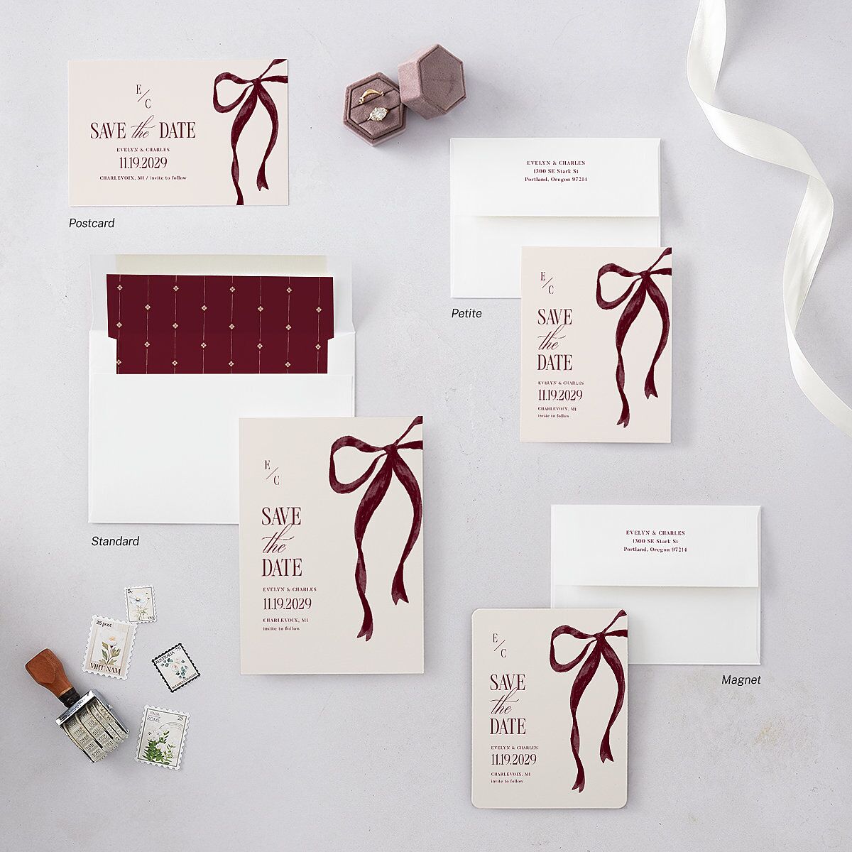 Whimsical Hand Drawn Bow Save The Date Magnets Burgundy Magnet Paper