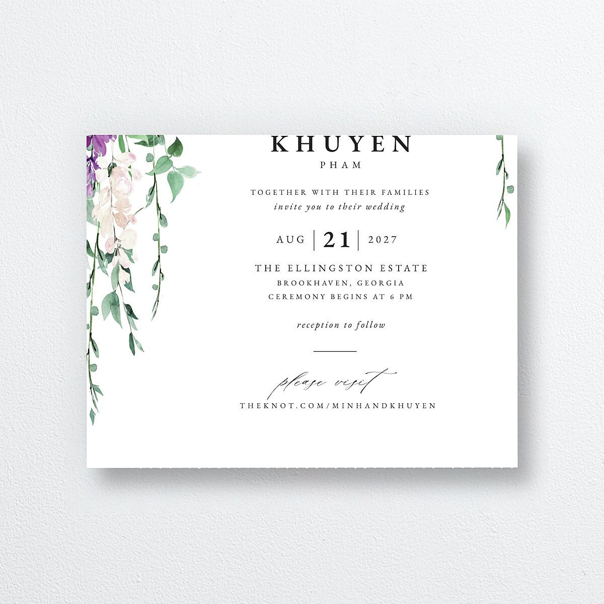 Romantic Wisteria All-in-One Wedding Invitations Purple Petal Signature Light Both Recipient and Return Addresses No