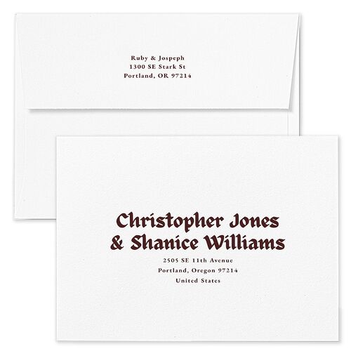 Gothic Fantasy Photo Wedding Invitation Envelopes Maroon White Both Recipient and Return Addresses Standard Signature