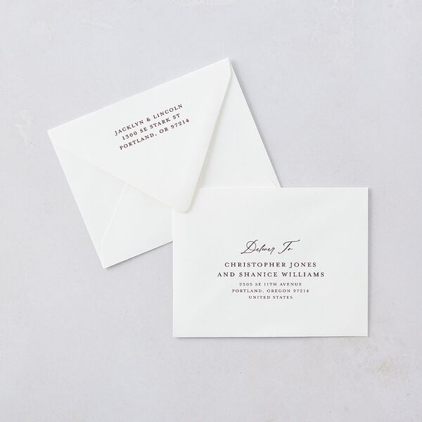 Elegant Vintage Images Save the Date Magnet Euro Envelopes White Burgundy Both Recipient and Return Addresses Luxe Signature