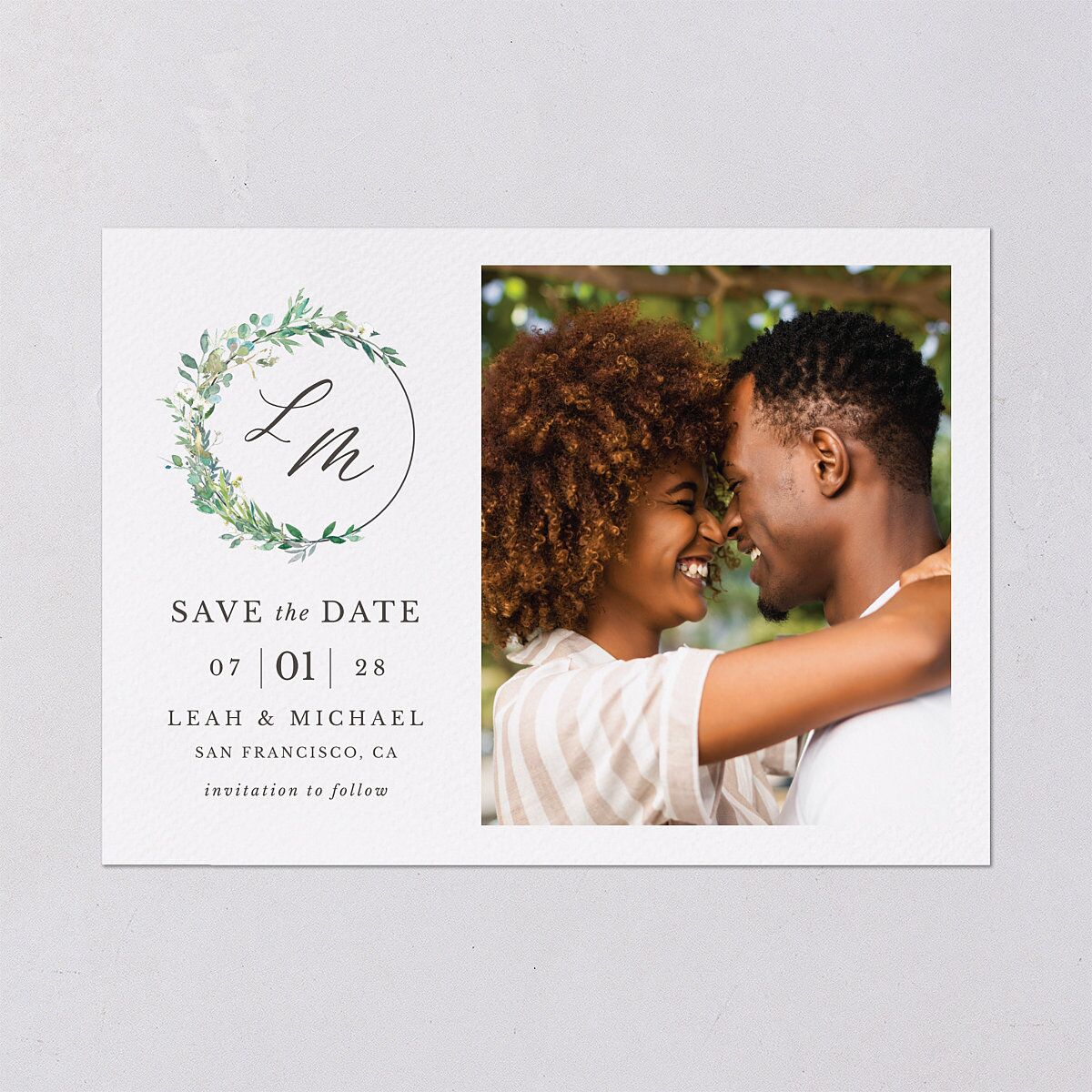 Leafy Monogram Hoop Save the Date Cards — view 2