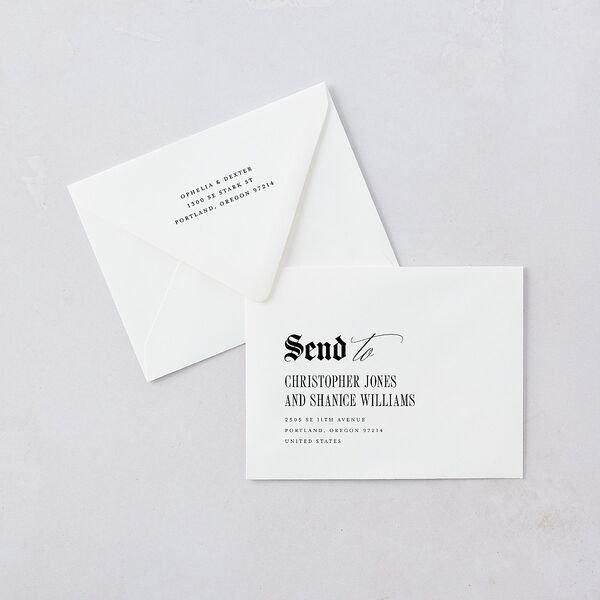 Til Death Gothic Photo Save the Date Petite Card Euro Envelopes White Sand Both Recipient and Return Addresses Luxe Signature