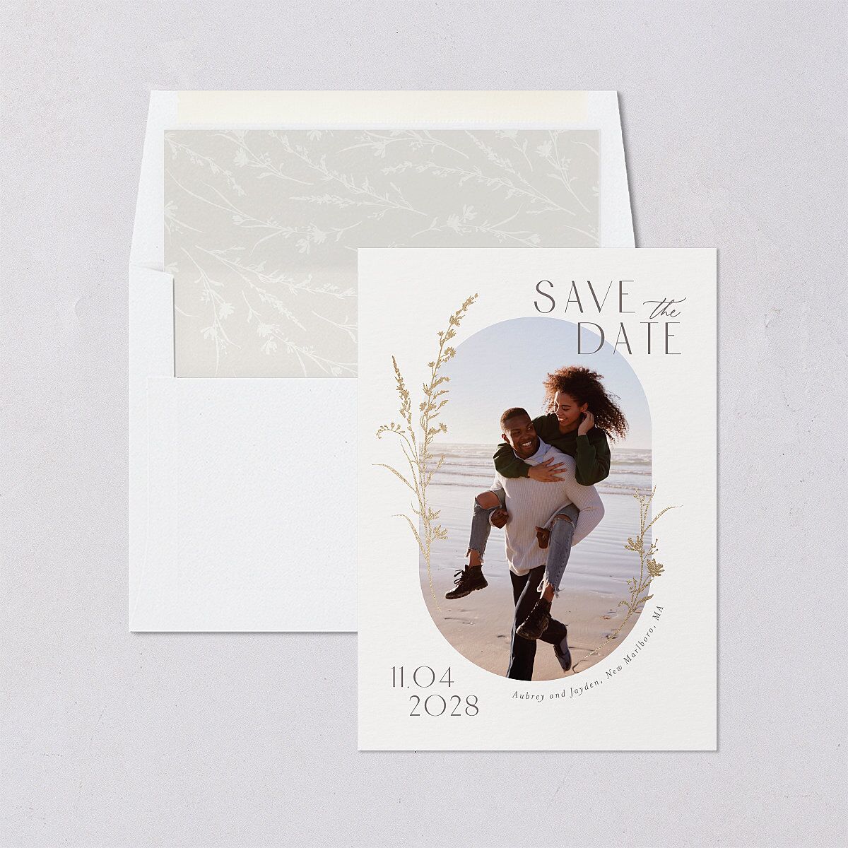 Minimal Wildflower Save the Date Cards Gold Off-White Signature smooth Blank No