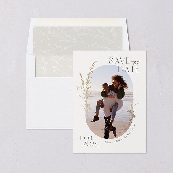 Minimal Wildflower Save the Date Cards Gold Off-White Signature smooth Blank No