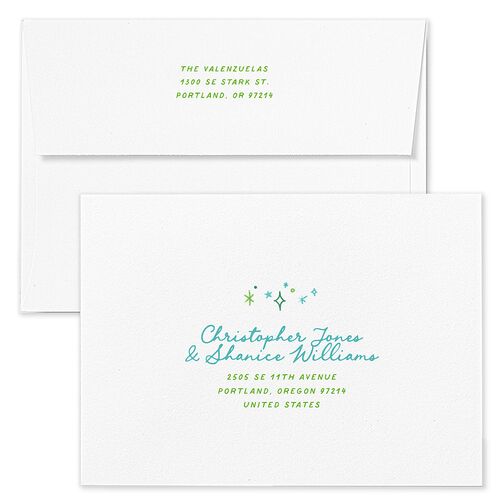 Whimsical Painted Holiday Border Holiday Card Envelopes White Turquoise Both Recipient and Return Addresses Standard Signature