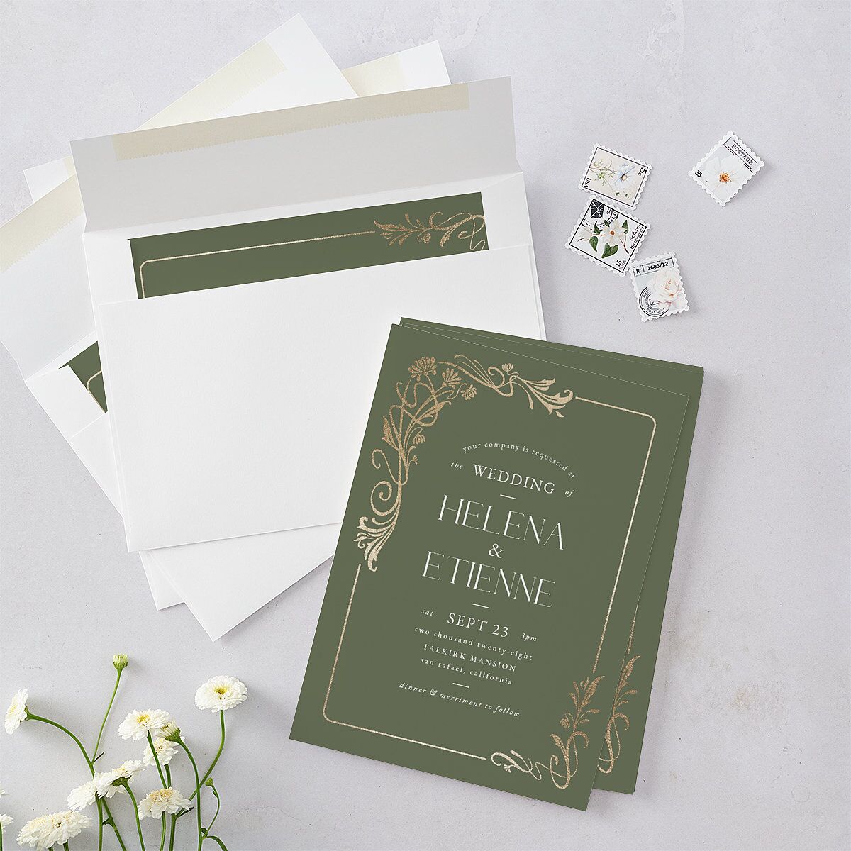 Nouveau Frame Wedding Invitations Gold Dark Camo Signature Blank No