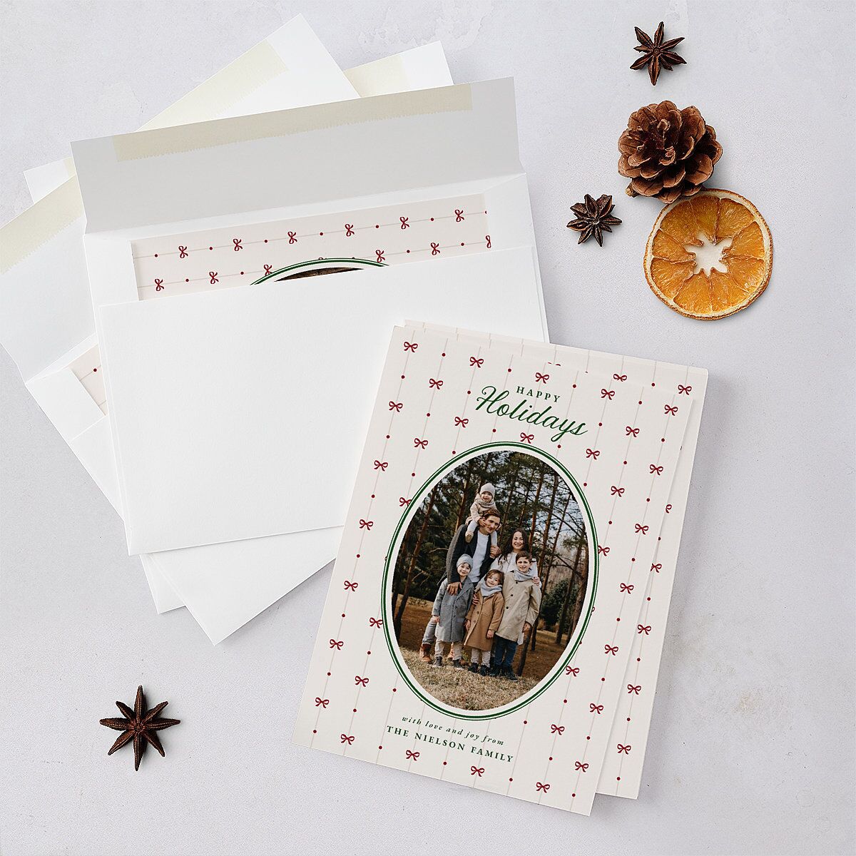 Vintage Bow Pattern Photo Holiday Cards Jewel Green Signature Blank Standard