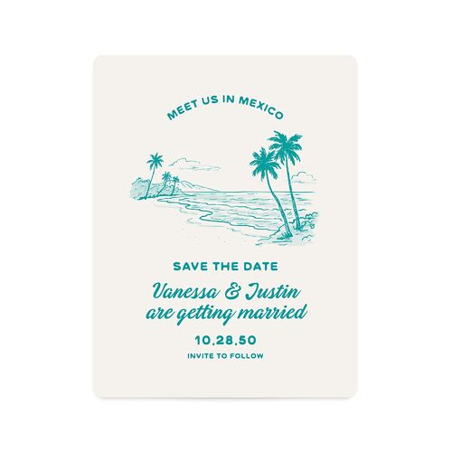 Illustrated Retro Coastal Beach Save The Date Magnets Turquoise Magnet Paper
