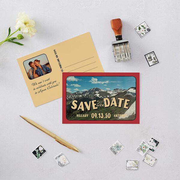 Retro Destination Postcard Inspired Save the Date Postcards Red Clay