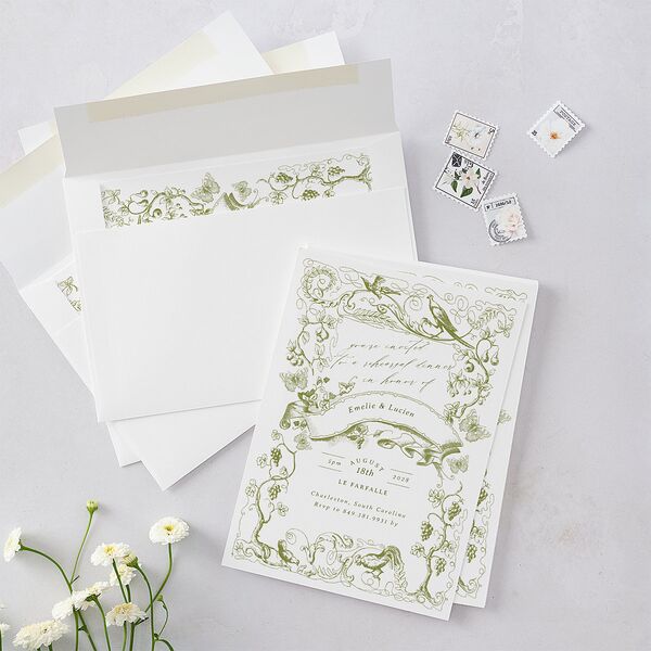 Vintage Toile Rehearsal Dinner Invitations Dark Camo Signature Blank Standard