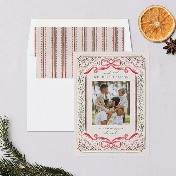 Whimsical Holiday Bow with Garland Holiday Cards Ruby Signature Blank Portrait Standard