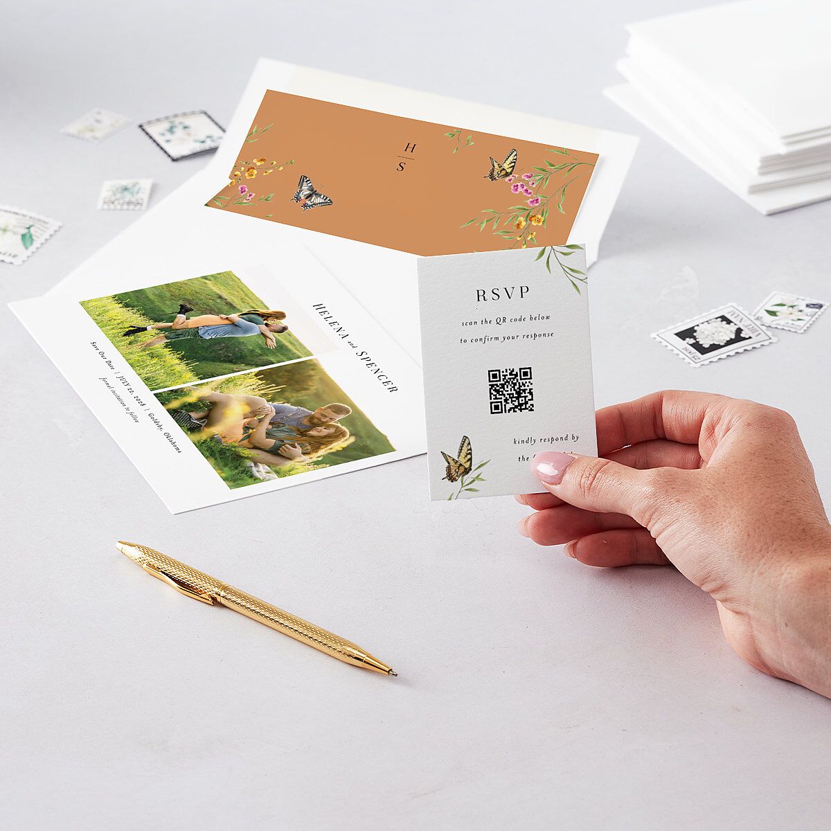 Rustic Butterflies QR Code RSVP Cards Pure White Signature Standard