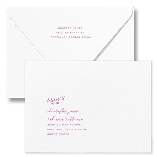 Sunny Day Modern Script Bridal Shower Invitation Euro Envelopes White Jewel Purple Both Recipient and Return Addresses Luxe Signature