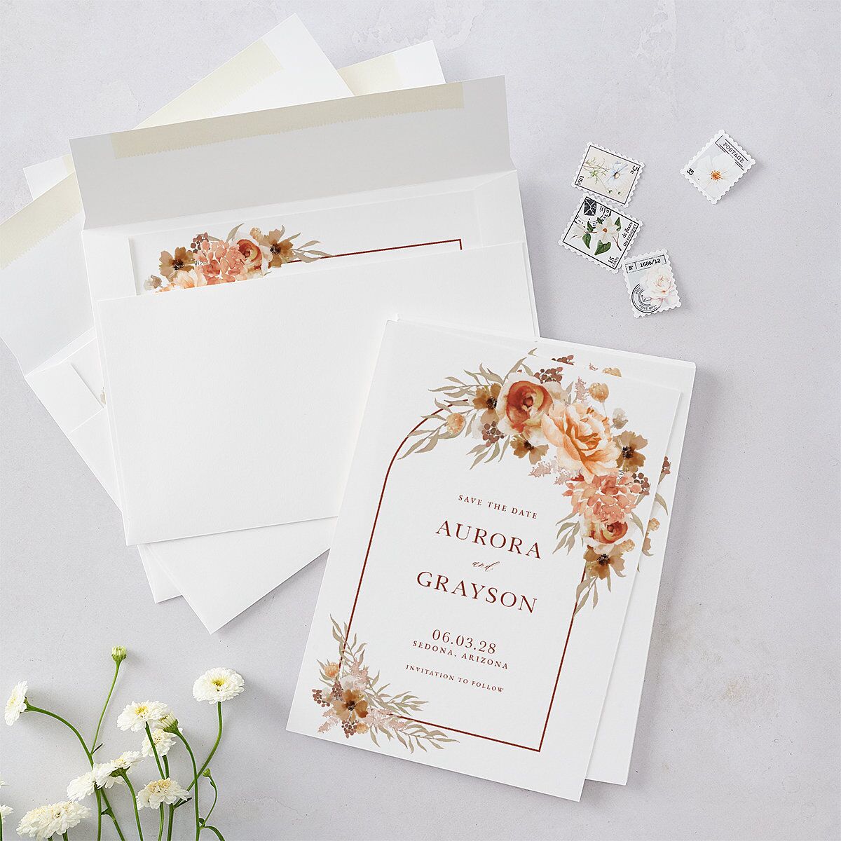 Bohemian Arch Save The Date Cards Copper Signature smooth Blank No Standard