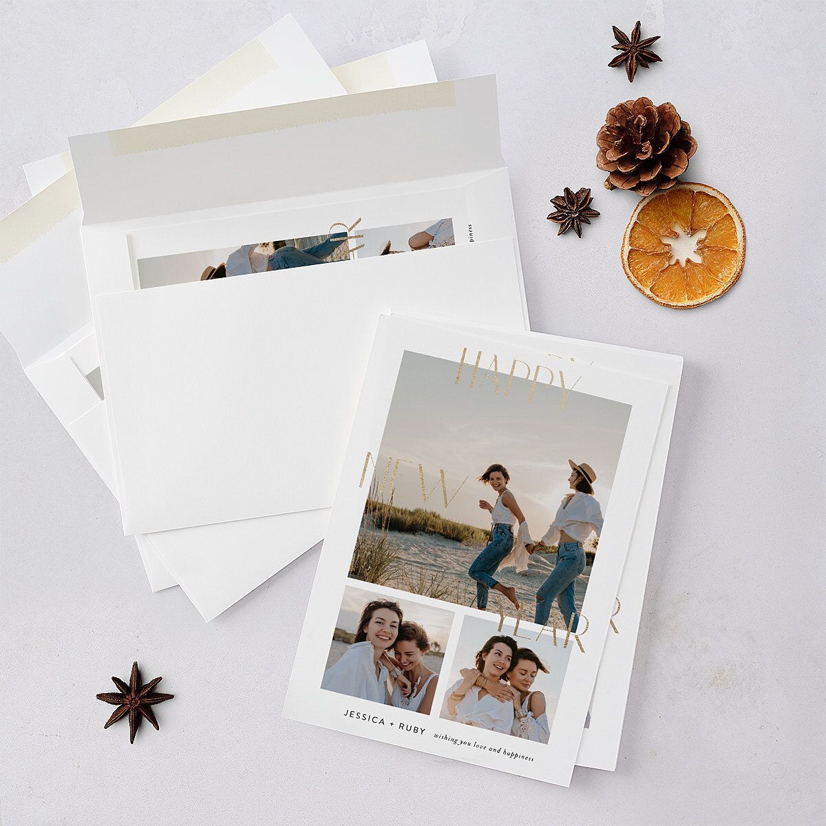 Modern New Year Holiday Cards Gold Dark Camo Signature Blank Standard Portrait
